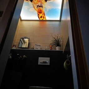 Kleines modernes Badezimmer mit Giraffenmotiv an der Decke und dekorativen Pflanzen.